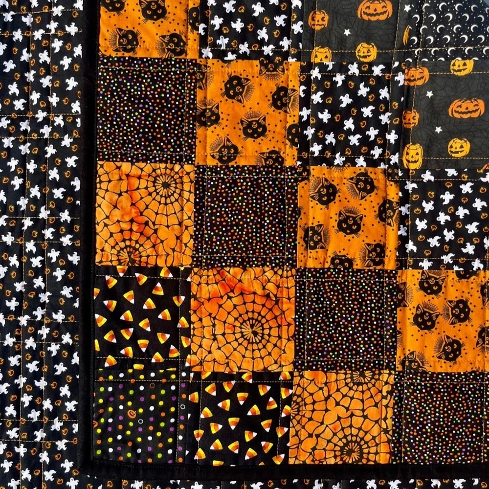 Cat Pumpkin Quilt Lap Blanket Halloween Cute Spooky 100% Cotton 42x36 - Picture 3 of 8